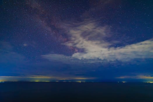 starry night sky with few clouds over large mountain lake at night