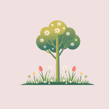 A spring tree with green leaves with blooming flowers Vector illustration, Cherry blossom tree vector