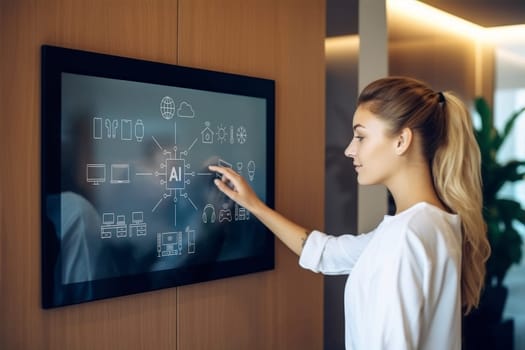 Smart home powered by AI. Smart office with AI technology. Setting up intelligent home system. Controlling smart home appliances with AI technology. Settings of control panel of a smart home. Home automated system controlled from a dashboard. Smart living. Lifestyle and technology. Smart home technology concept