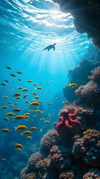 Colorful fish swim around a coral reef as an octopus rests nearby. Sunlight streams through the water's surface, creating a serene atmosphere in this underwater paradise.