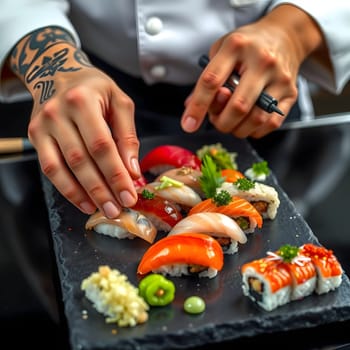 A talented sushi chef meticulously places an array of colorful sushi pieces on a dark slate platter, showcasing fresh ingredients and artful presentation in a lively restaurant atmosphere.