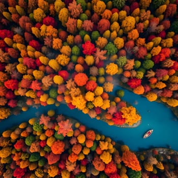 Colorful autumn trees blanket the landscape, showcasing vivid reds, oranges, and yellows. A tranquil blue river winds through the forest, with a small boat gliding peacefully.