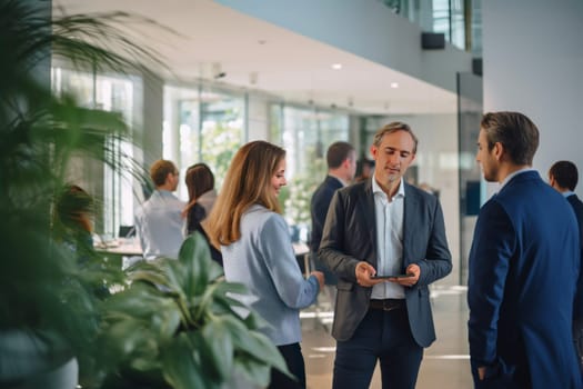 Group of business people chatting during coffee break standing in modern hall of modern office building. Coworkers talking in corridor at office building. Colleagues standing in hall during conference break. Meeting in an office