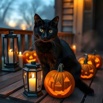 A black cat sits gracefully on a wooden porch, surrounded by lit jack-o'-lanterns and lanterns. The warm glow contrasts with the twilight sky, creating a beautifully eerie atmosphere.