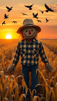 A scarecrow in a plaid shirt and straw hat stands among golden corn stalks as the sun sets in the background, with birds soaring overhead, creating a tranquil rural atmosphere.