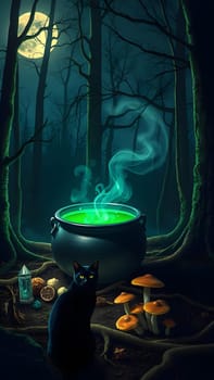 In a shadowy forest illuminated by the moon, a black cat observes a glowing green cauldron surrounded by mushrooms and enchanted items, creating an eerie, magical atmosphere.