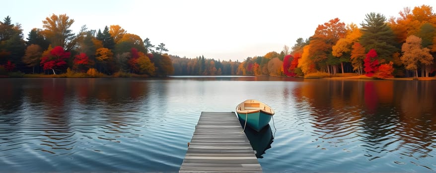 A tranquil lake reflects vibrant autumn foliage as a small boat rests peacefully at a wooden dock. The calm waters and colorful trees create a serene atmosphere during the fall season.