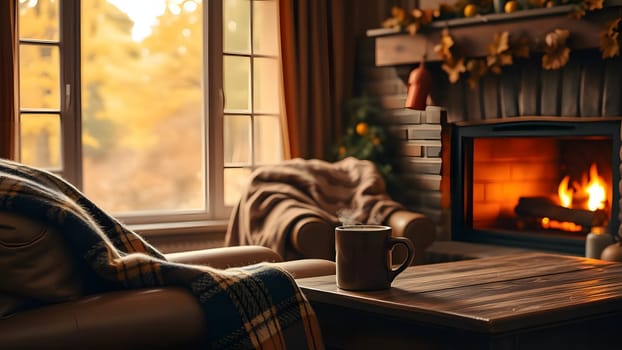 A serene living room features a crackling fire in the fireplace, surrounded by autumn decor and comfortable seating. The soft light from the windows enhances the inviting atmosphere.