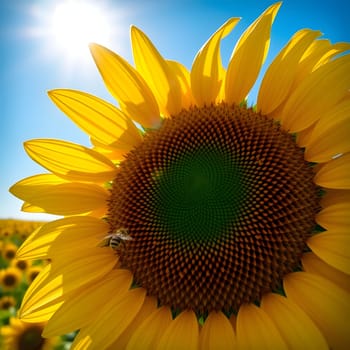 A vibrant sunflower displays its intricate pattern while a bee collects pollen under a clear blue sky, surrounded by a sprawling field of sunflowers during the day.