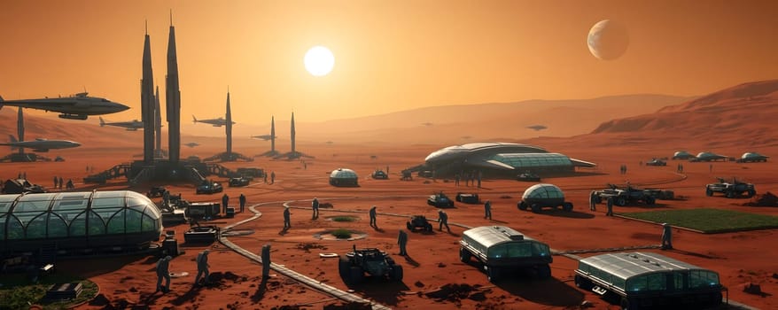 A lively Martian settlement features advanced habitats and vehicles, with scientists at work as the sun sets, casting warm hues over the red landscape, showcasing a vibrant extraterrestrial community.