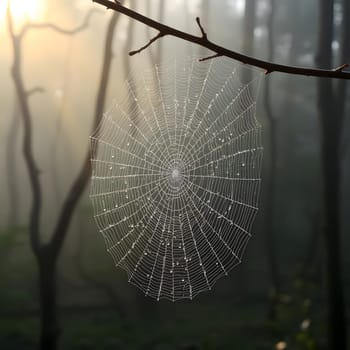 A delicate spider web, adorned with morning dew droplets, catches the soft light in a tranquil forest. The surrounding trees create a serene backdrop in the early morning haze.