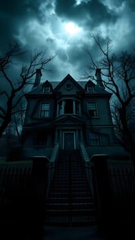 A dark, eerie Victorian house looms ominously with lightning illuminating the stormy night sky. Bare trees surround the structure, enhancing the haunting atmosphere.