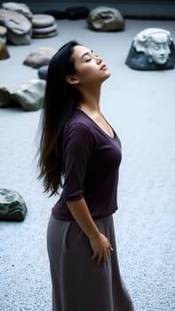 A woman stands peacefully with her eyes closed, enjoying the tranquility of a garden filled with various stone sculptures. The soft gravel underfoot enhances the calming atmosphere.