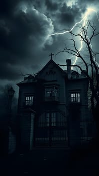 A haunting mansion stands alone as lightning crackles across a dark, cloudy sky. Gnarled trees loom nearby, adding to the spooky atmosphere of the night.