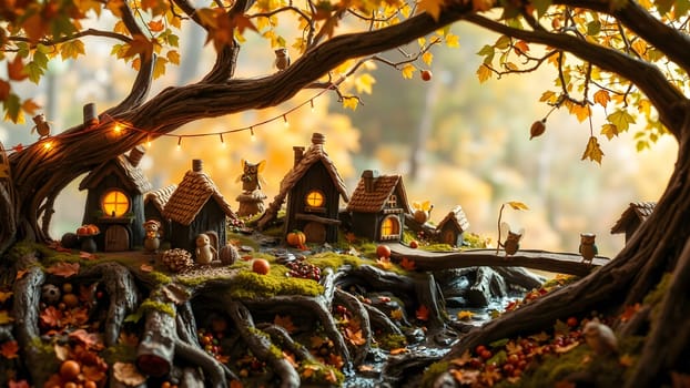 A delightful miniature village nestled among vibrant autumn leaves, with glowing windows illuminating tiny houses. Woodland creatures thoughtfully wander the paths, creating a whimsical atmosphere.