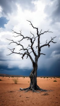 A lone, leafless tree emerges from the arid desert sand as dark storm clouds gather overhead, creating a dramatic contrast in the barren landscape. Distant shrubs dot the horizon.