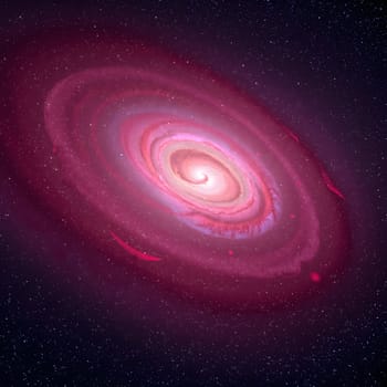 A stunning spiral galaxy radiates in vibrant pink hues, surrounded by countless twinkling stars in the vast darkness of space. Its intricate arms showcase celestial beauty and mystery.