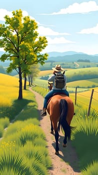 A person on horseback enjoys a leisurely ride along a winding dirt path surrounded by vibrant green fields and trees. The sun shines brightly over the scenic landscape.
