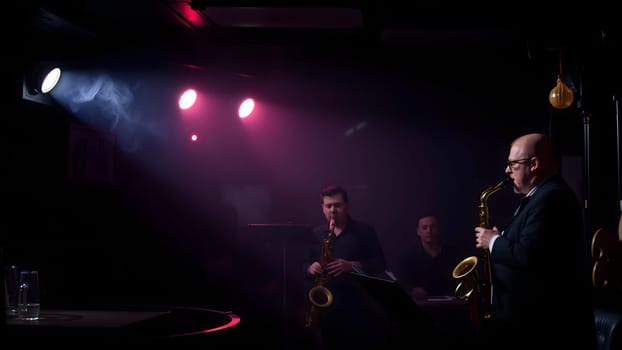 Two saxophonists deliver a captivating performance in a cozy jazz club. The atmosphere is enhanced by low lighting and smoke, creating an intimate musical experience.