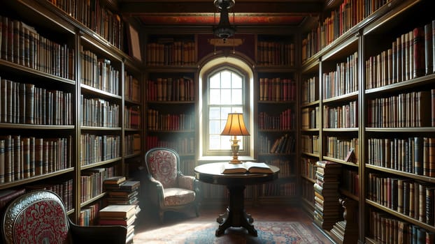 A warm and inviting library features shelves filled with antique books and a glowing lamp on a round table. Soft light filters through a window, creating a peaceful atmosphere ideal for reading.