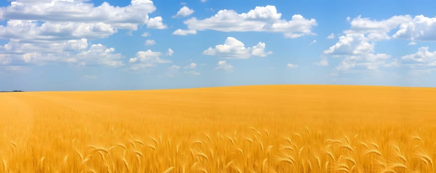 A vast field of golden wheat stretches towards the horizon under a clear blue sky dotted with fluffy white clouds. The sunlight enhances the vibrant colors of the landscape.
