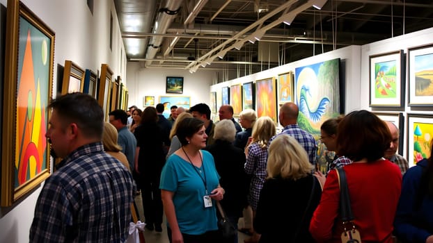 Visitors engage with colorful artwork during an art exhibition in a contemporary gallery, enjoying the creativity and artistic expression around them.