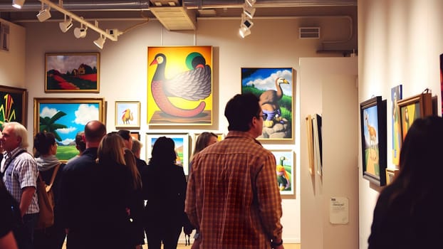 A diverse group of people explores a modern art gallery, engaging with vibrant paintings on the walls. Natural light enhances the lively atmosphere of creativity and appreciation.