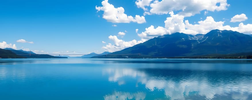 The serene lake displays a stunning reflection of surrounding mountains and vibrant blue sky, dotted with fluffy clouds. This tranquil setting captures the beauty of nature during summer.