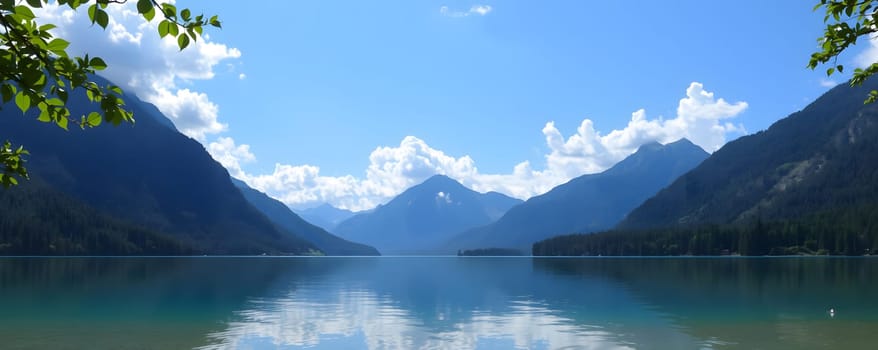 The calm lake reflects the clear blue sky and surrounding mountains under bright sunshine, with a few fluffy clouds drifting above, creating a peaceful outdoor setting.