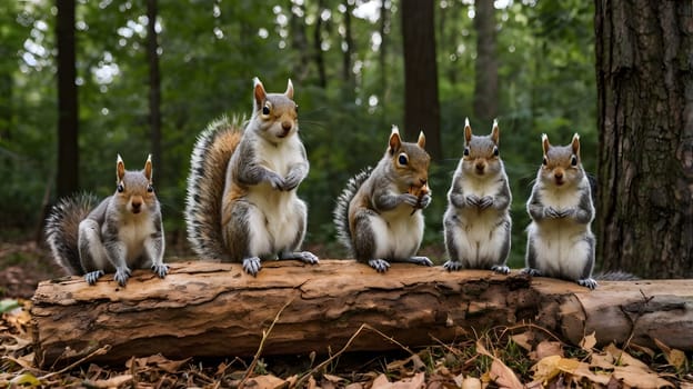 beautiful little brown squirrels sitting on a tree stump in the forest