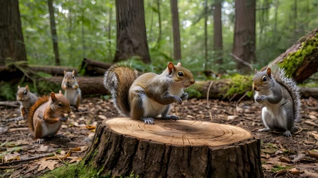 beautiful little brown squirrels sitting on a tree stump in the forest
