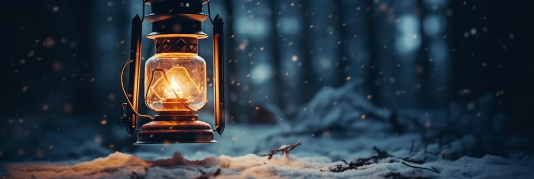 Lantern lit on snow, on dark background in winter forest.copy space