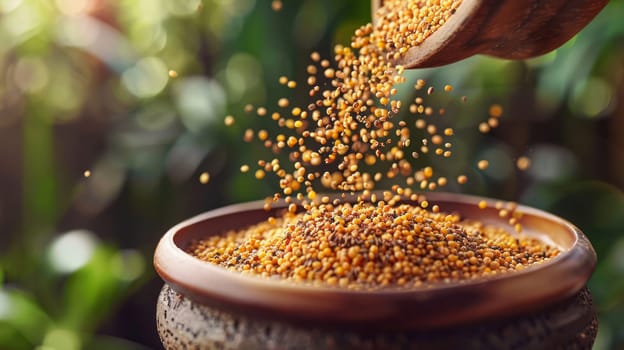A bowl filled with grains is poured into a large container.