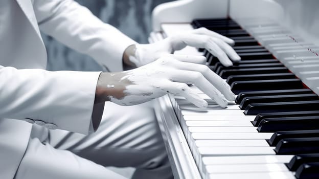 A man in a white suit playing the piano with painted hands