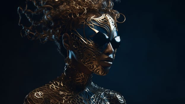 Surreal Portrait of Woman with Gold Jewelry on Face and Shoulders, Gold Threads in Hair and Black Glasses