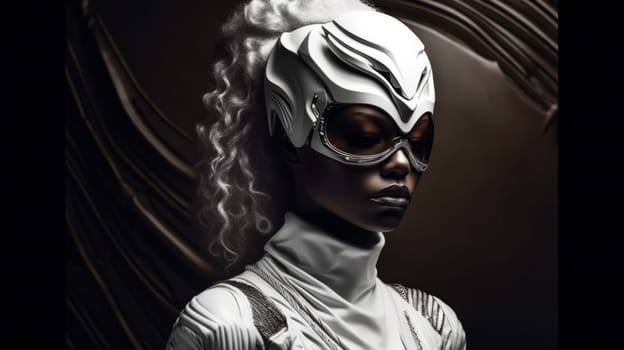 Woman in white suit and futuristic white glasses-mask on her face with curly long white hair. afrofuturism