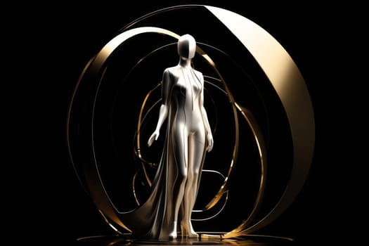 Sculpture of woman standing inside abstract design of gold rings and circles