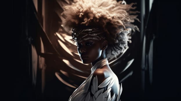 Woman with Afro in White Feather Dress and Gold Diadem on Forehead
