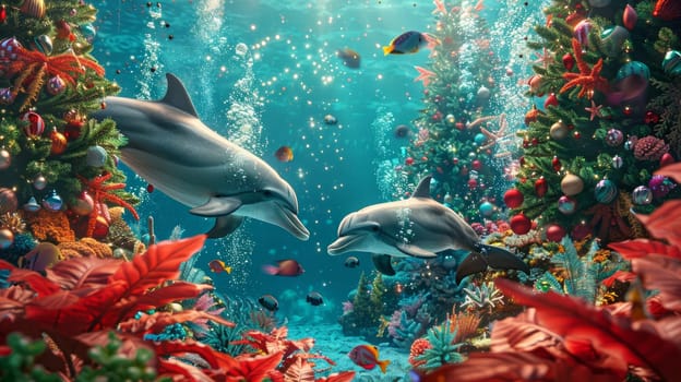 Two dolphins swimming in tropical ocean with colorful plants, sea background or wallpaper