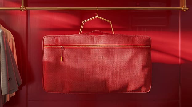 Red wall with hanging bag and clothes on hangers with copy space