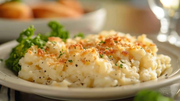 A plate of a white dish with some kind of food on it