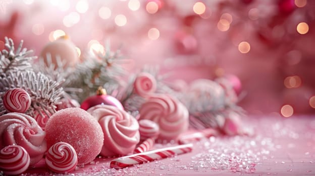 Close-up of pink table with candy and Christmas decorations with copy space