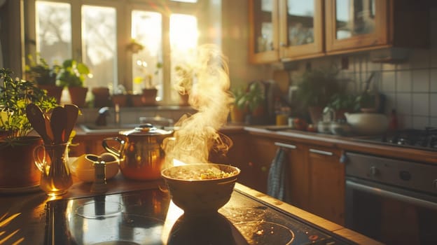 Bowl of steam over hot food on kitchen table .