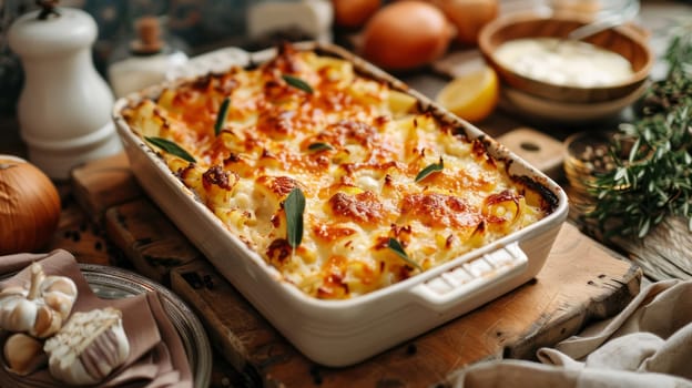 A casserole dish with potato casserole and various ingredients on top.