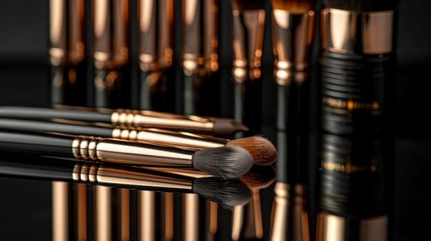 Close-up of makeup brushes on table with reflection