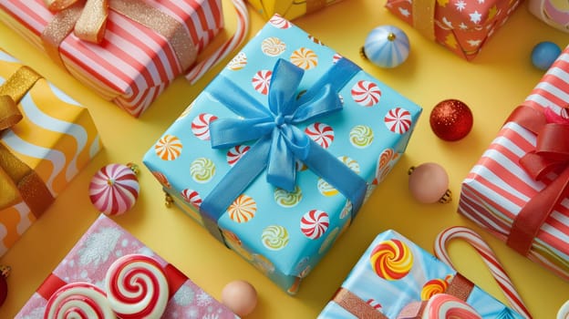 A pile of wrapped gifts with candy in between and bows on them