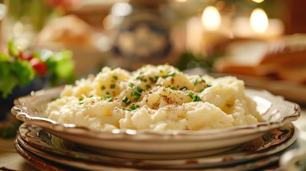 A plate of a bowl full of mashed potatoes with green onions .