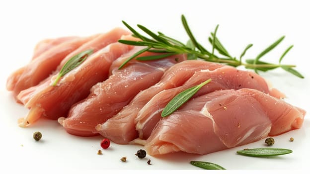 A close up of pieces of raw meat with rosemary