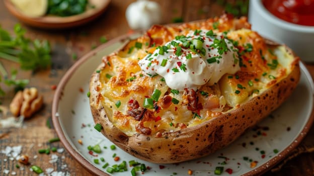 Baked potatoes with sour cream and filling on a plate