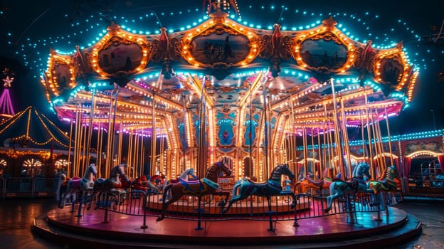 Carousel with colorful lights and horses on it